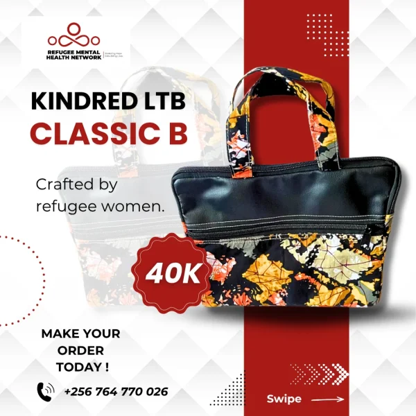 kindred-ltb-classic-b Kindred LTB Classic B handbag: black leather-look top over an orange, yellow and grey leaf print. The graphic reads "Crafted by refugee women" and "40K".