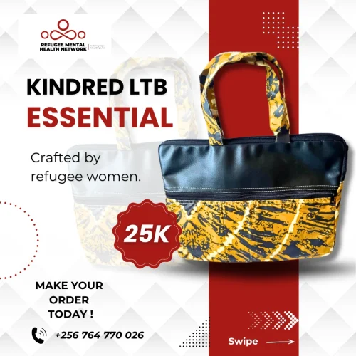 kindred-ltb-essential Kindred LTB Essential handbag: black leather-look top over a yellow and black print. The graphic reads "Crafted by refugee women" and "25K".