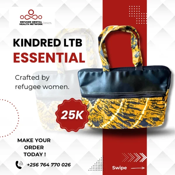 kindred-ltb-essential Kindred LTB Essential handbag: black leather-look top over a yellow and black print. The graphic reads "Crafted by refugee women" and "25K".